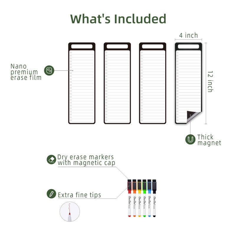 Clever Clean Magnetic Dry Erase List Board - 4"x12" Multifunctional List Board for Fridge - 6 Extra Fine Point Markers Included - Shipped Flat - Image 2