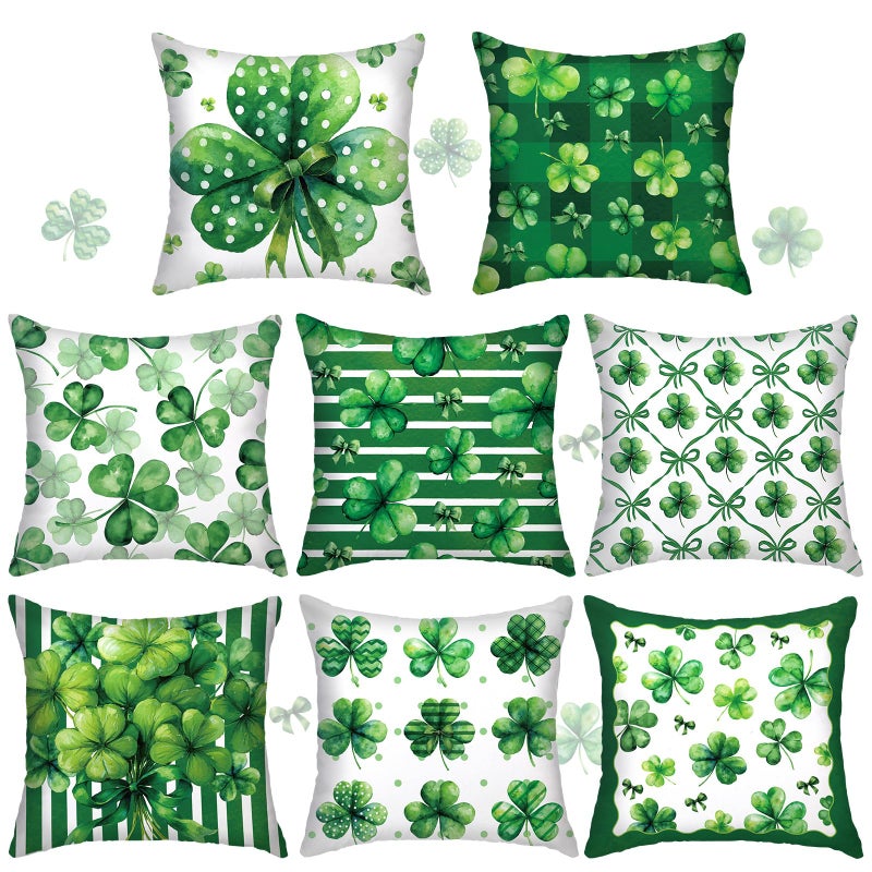 SmoothNovelty 8 Pcs 18x18 Inch St Patrick Pillow Covers St Patrick Decor Throw Pillow Covers Set of 8 Green Irish Shamrock Decorative Couch Cushion Pillowcase Room Bedroom Sofa Holiday Decor - Image 2