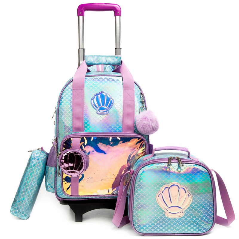 Egchescebo Egchescebo Kids Rolling Seashell Coin Purse Backpack for Girls Detachable 17" Flamingo Childrens Luggage with Wheels Toddler Travel Suitcase Backpacks Girl Kid Lunch Bookbag Escolares Elementary Blue  - Image 1