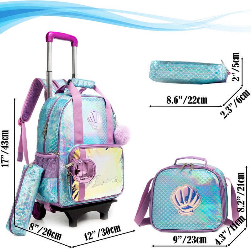 Egchescebo Egchescebo Kids Rolling Seashell Coin Purse Backpack for Girls Detachable 17" Flamingo Childrens Luggage with Wheels Toddler Travel Suitcase Backpacks Girl Kid Lunch Bookbag Escolares Elementary Blue  - Image 2