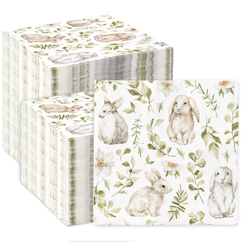100Pcs Easter Bunny Guest Napkins Watercolor Rabbit Leaves Disposable Napkins Dinner Hand Towel Paper Napkins for Bathroom Spring Birthday Party Table Supplies - Image 1
