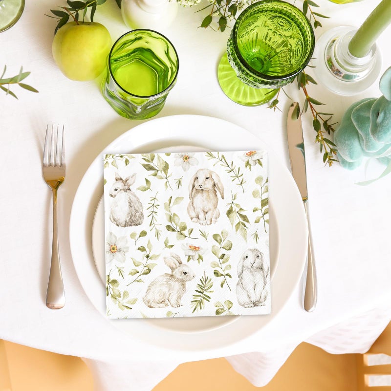 100Pcs Easter Bunny Guest Napkins Watercolor Rabbit Leaves Disposable Napkins Dinner Hand Towel Paper Napkins for Bathroom Spring Birthday Party Table Supplies - Image 5