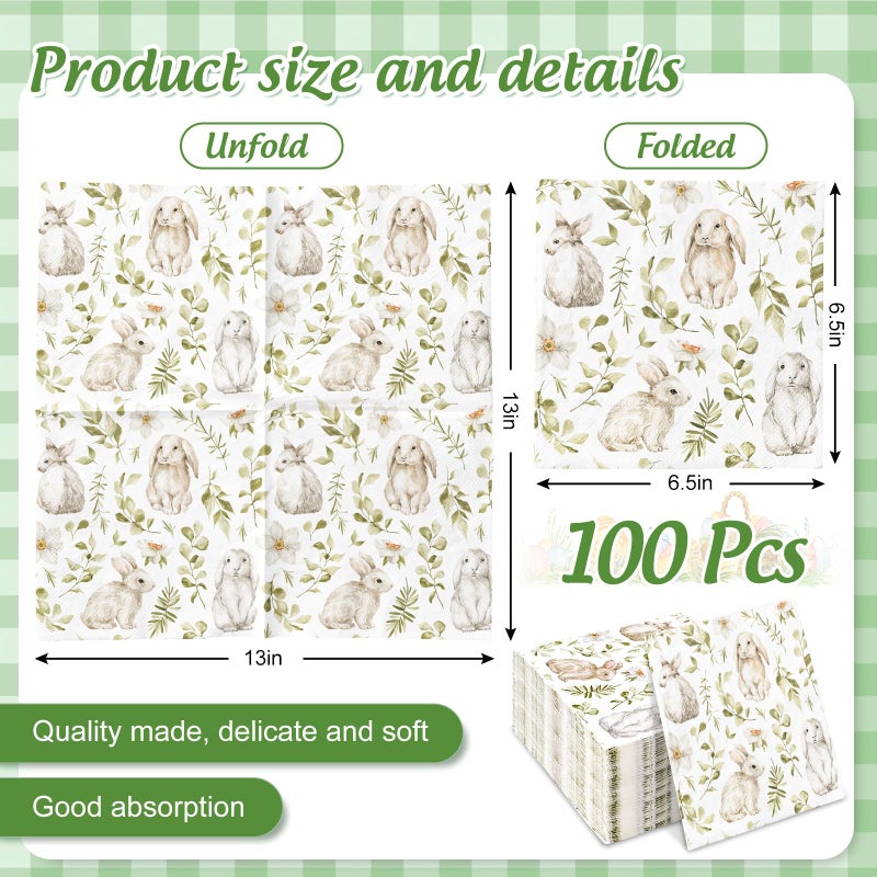 100Pcs Easter Bunny Guest Napkins Watercolor Rabbit Leaves Disposable Napkins Dinner Hand Towel Paper Napkins for Bathroom Spring Birthday Party Table Supplies - Image 2