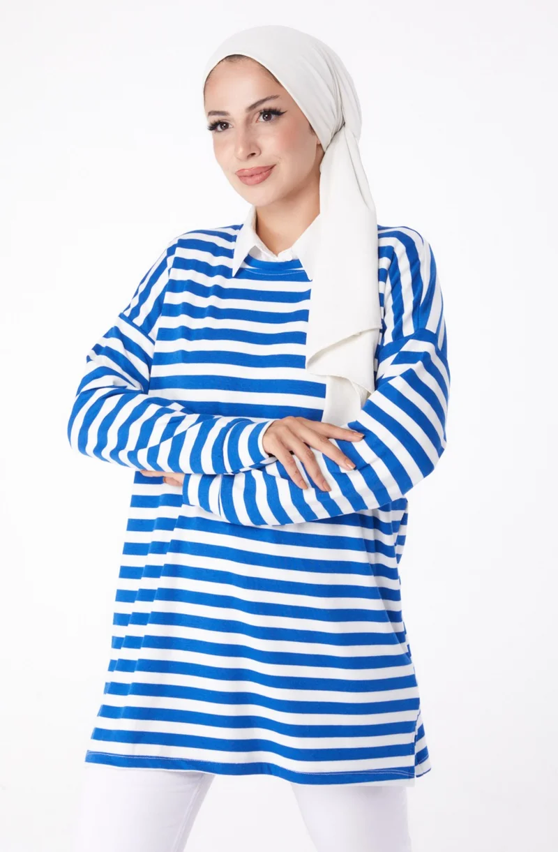 Tofisa Plain Crew Neck Women's Blue Striped Sweat - 26244