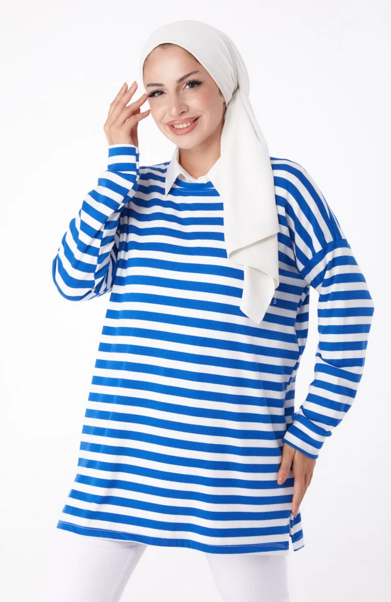 Tofisa Plain Crew Neck Women's Blue Striped Sweat - 26244