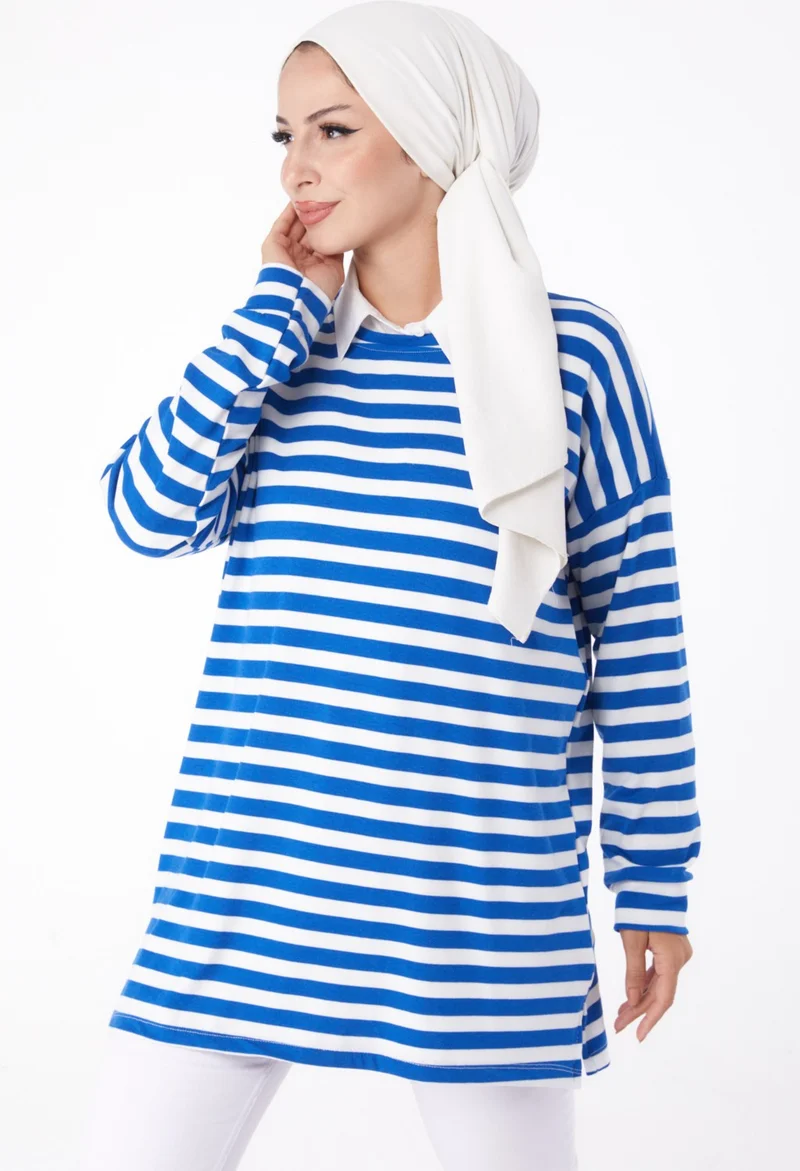 Tofisa Plain Crew Neck Women's Blue Striped Sweat - 26244