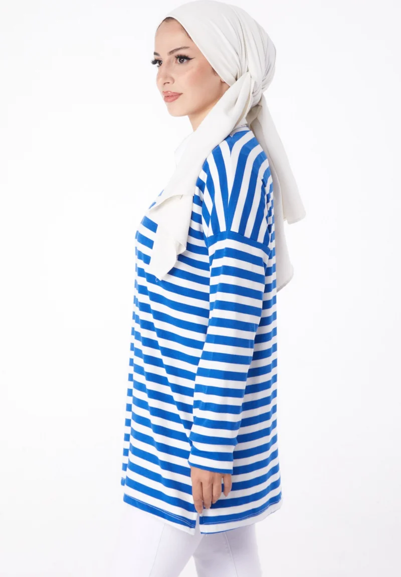 Tofisa Plain Crew Neck Women's Blue Striped Sweat - 26244