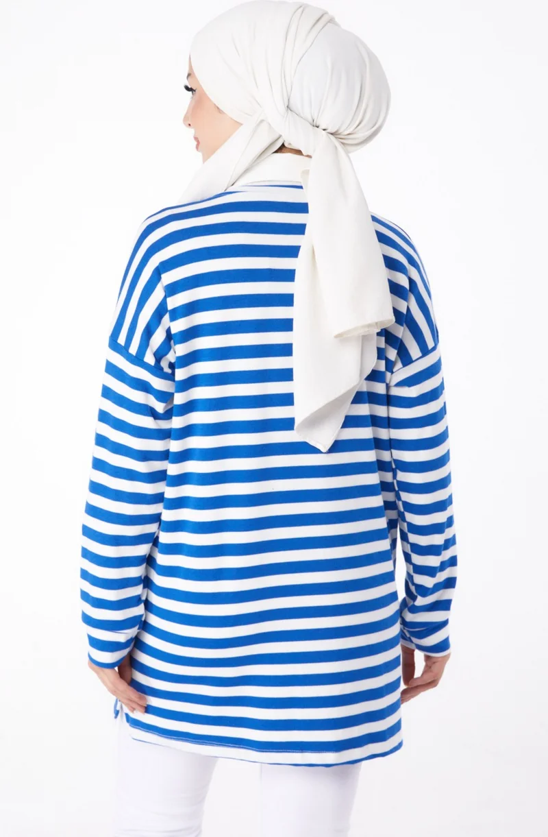 Tofisa Plain Crew Neck Women's Blue Striped Sweat - 26244