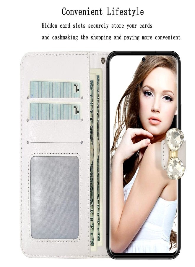 أوميو جراب محفظة فاخر من أوميو لهاتف جالاكسي إس 25 بلس، مزين بالترتر اللامع وحامل بطاقات مرصع بالألماس مع حامل، وفيونكة كريستالية براقة، مقاوم للصدمات، مانع للانزلاق، غطاء قلاب أنيق للنساء والفتيات، لون أبيض - Image 5