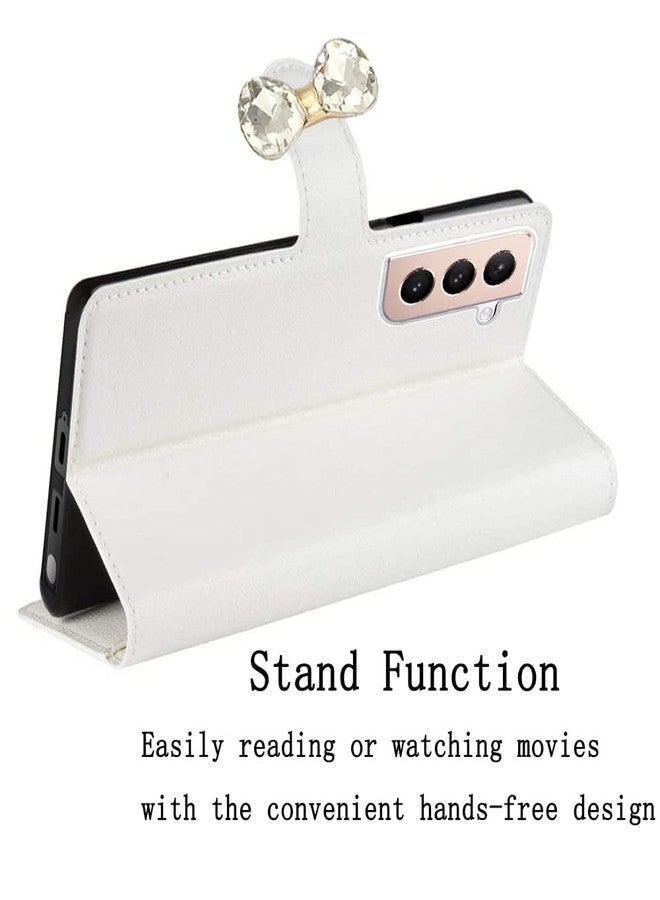 أوميو جراب محفظة فاخر من أوميو لهاتف جالاكسي إس 25 بلس، مزين بالترتر اللامع وحامل بطاقات مرصع بالألماس مع حامل، وفيونكة كريستالية براقة، مقاوم للصدمات، مانع للانزلاق، غطاء قلاب أنيق للنساء والفتيات، لون أبيض - Image 3