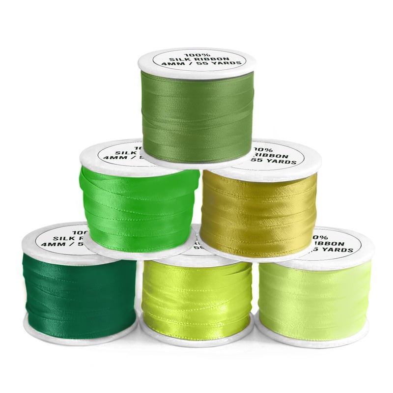 ThreadNanny New ThreadNanny 6 Spools of 100% Pure Silk Ribbons - Green Tones - 60 MTS x 4mm - Image 5