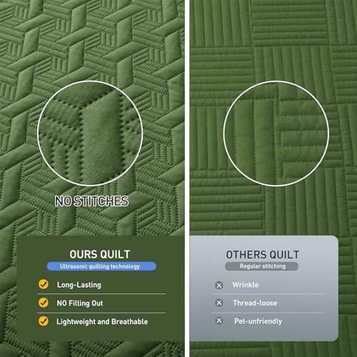 Lavsiry Olive Green King Size Quilt Bedding Set with Pillow Shams, Summer Lightweight Bedspread Coverlet, Soft Quilted Blanket Thin Comforter for All Seasons - Image 3