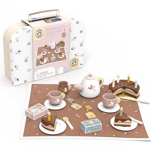 SPEEDY MONKEY Birthday Tea Set for Kids FSC Wooden Pretend Play Tea Party Food Set with Teapot Cups Cake Tea Bag Toddler Girls Imaginative Role Play Kitchen Toy Colorful Gift for Dollhouse - Image 1
