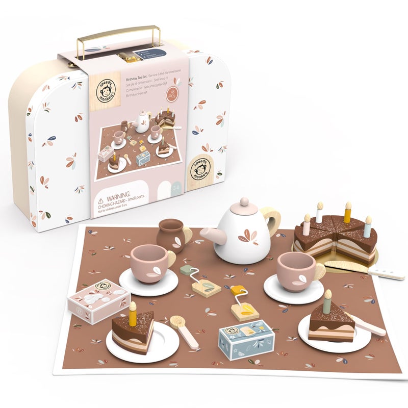 SPEEDY MONKEY Birthday Tea Set for Kids FSC Wooden Pretend Play Tea Party Food Set with Teapot Cups Cake Tea Bag Toddler Girls Imaginative Role Play Kitchen Toy Colorful Gift for Dollhouse - Image 3