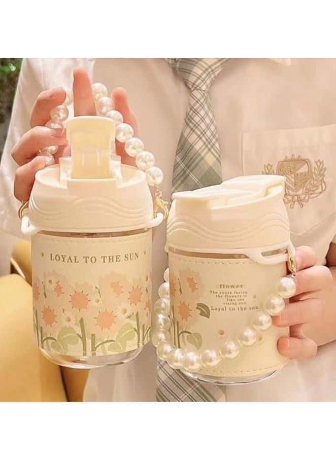 QSHOP® Iced Coffee Cups with Lids and Straws for Women Girls Elegant Bead Holder Coffee Mug Iced Coffee Cup Hot Beverage Cup 350ml