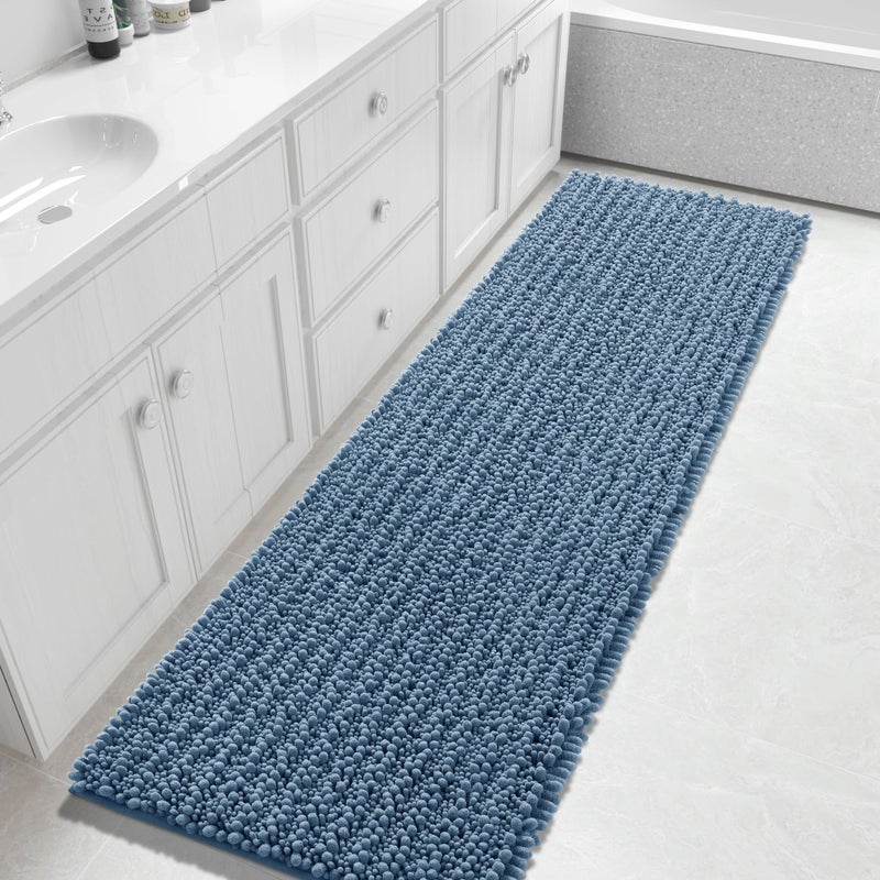Yimobra Bathroom Runner Rug 70x24 Inch Extra Long Non Slip Chenille Bath Mat Soft Absorbent Machine Washable Shaggy Hallway Carpet for Vanity Tub Shower Denim Blue Home Decor Accessories