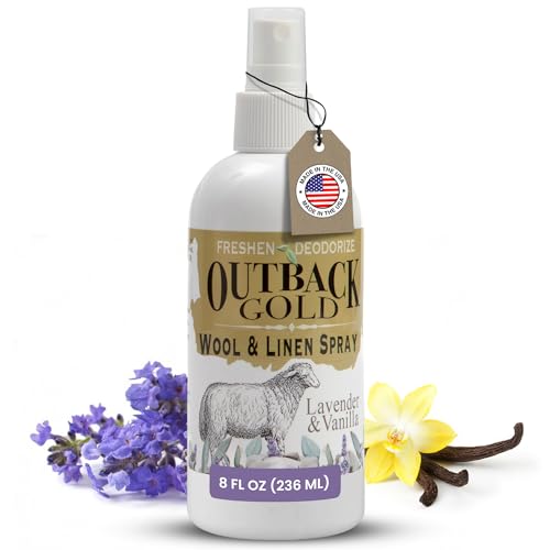 Outback Gold Linen Spray Fabric Freshener Spray Natural Bed Spray for Wool Linen Lavender Vanilla Scent Essential Oils EcoFriendly Deodorizer for Home Fabrics 8 Fl Oz