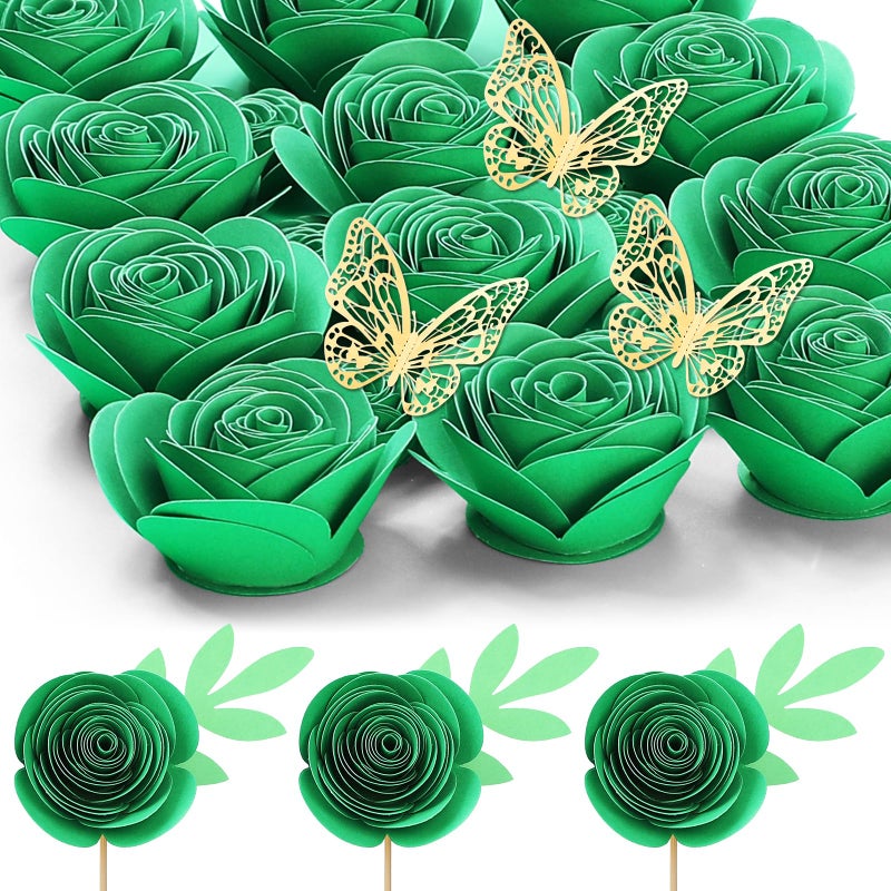 Mverse Mverse 3D Rolled Artificial Roses Paper Flowers  Mini Crafts DIY Gift Decorations for Shadow Box Frame  Graduation Cap  Cake Topper  Baby Floral Nursery (18 Pieces  Green)  - Image 1