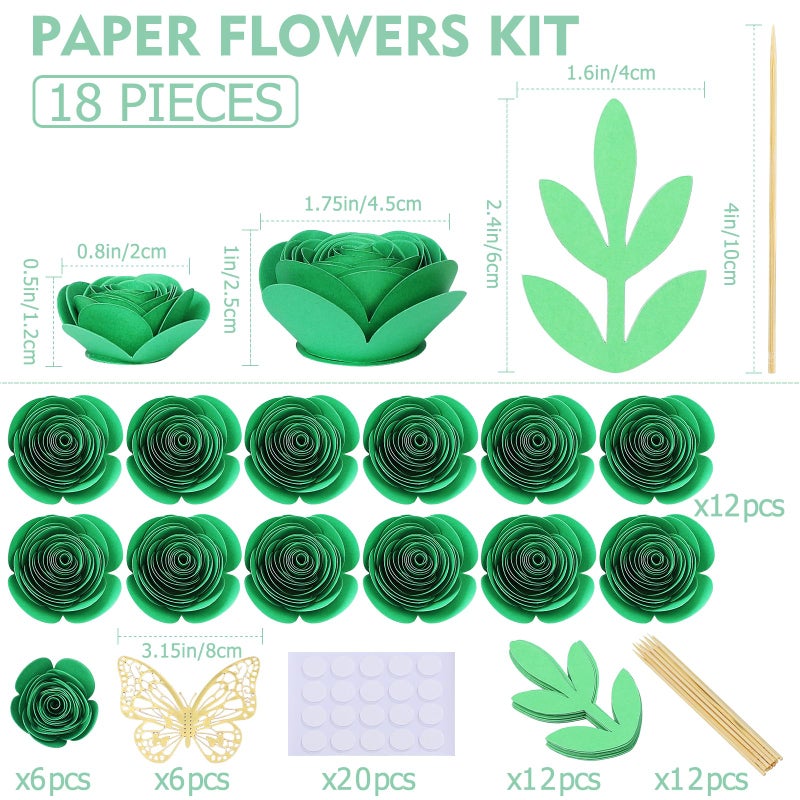 Mverse Mverse 3D Rolled Artificial Roses Paper Flowers  Mini Crafts DIY Gift Decorations for Shadow Box Frame  Graduation Cap  Cake Topper  Baby Floral Nursery (18 Pieces  Green)  - Image 3
