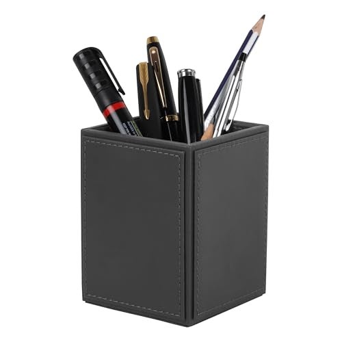 V-CUBE DESIGNS Premium Vegan Leather Pen Holder for Desk & Study Table Accessory | Marker/Pencil Stand for Student | Stationery Organizer for Office Table & Home | 6mm Thickness with MDF Core |Grey - Image 1