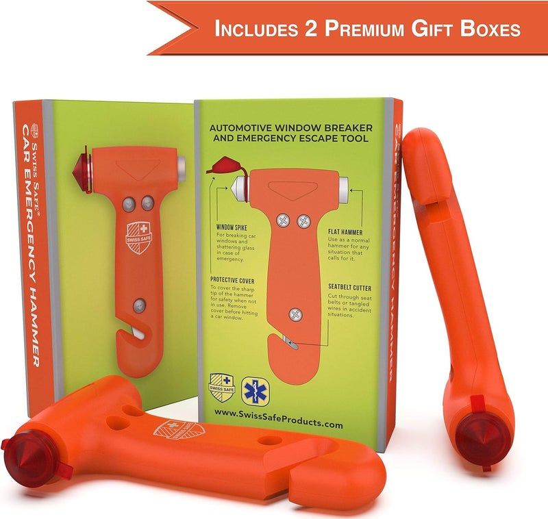 Swiss Safe Durable 5-1 Car Safety Hammer Window Breaker Breaker Tool w/Seatbelt Cutter - Emergency Escape Glass Hammer - Truck, Car Safety Essentials & Accessories - Orange, 2 Pack - Image 4