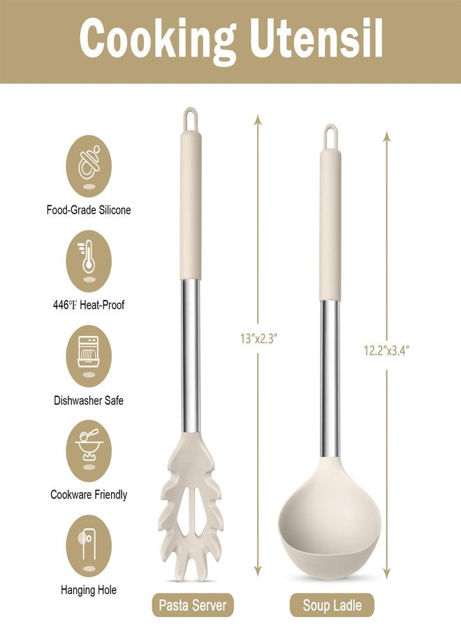 TeamFar Silicone Soup Ladle and Pasta Fork Set, 2 Pcs Large Nonstick Kitchen Cooking Utensils with Stainless Steel Handle for Draining, Serving Soup, Sauce, Spaghetti, Non-Toxic & Heat-Proof, Khaki - Image 2