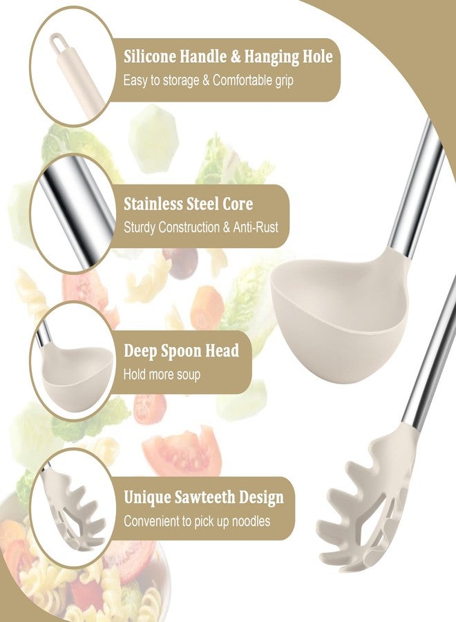 TeamFar Silicone Soup Ladle and Pasta Fork Set, 2 Pcs Large Nonstick Kitchen Cooking Utensils with Stainless Steel Handle for Draining, Serving Soup, Sauce, Spaghetti, Non-Toxic & Heat-Proof, Khaki - Image 3