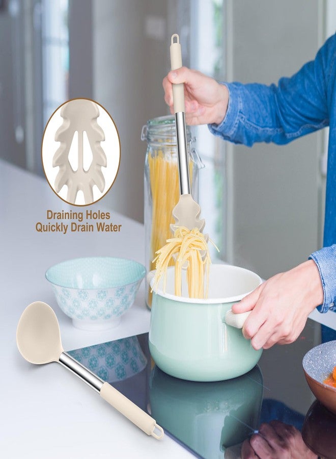 TeamFar Silicone Soup Ladle and Pasta Fork Set, 2 Pcs Large Nonstick Kitchen Cooking Utensils with Stainless Steel Handle for Draining, Serving Soup, Sauce, Spaghetti, Non-Toxic & Heat-Proof, Khaki - Image 5