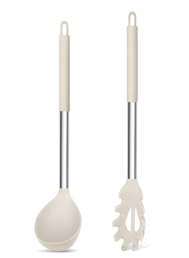 TeamFar Silicone Soup Ladle and Pasta Fork Set, 2 Pcs Large Nonstick Kitchen Cooking Utensils with Stainless Steel Handle for Draining, Serving Soup, Sauce, Spaghetti, Non-Toxic & Heat-Proof, Khaki - Image 1
