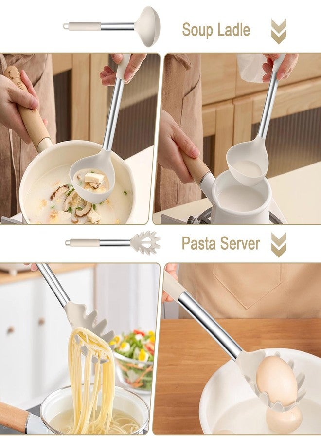 TeamFar Silicone Soup Ladle and Pasta Fork Set, 2 Pcs Large Nonstick Kitchen Cooking Utensils with Stainless Steel Handle for Draining, Serving Soup, Sauce, Spaghetti, Non-Toxic & Heat-Proof, Khaki - Image 4