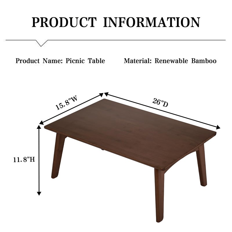 JIKUGO Japanese Floor Table No Assembly Required Bamboo Folding Walnut Coffee Table Bedroom 26x15.8x11.8in Furniture Low Tea Table for Sitting on The Floor Chestnut Large - Image 2