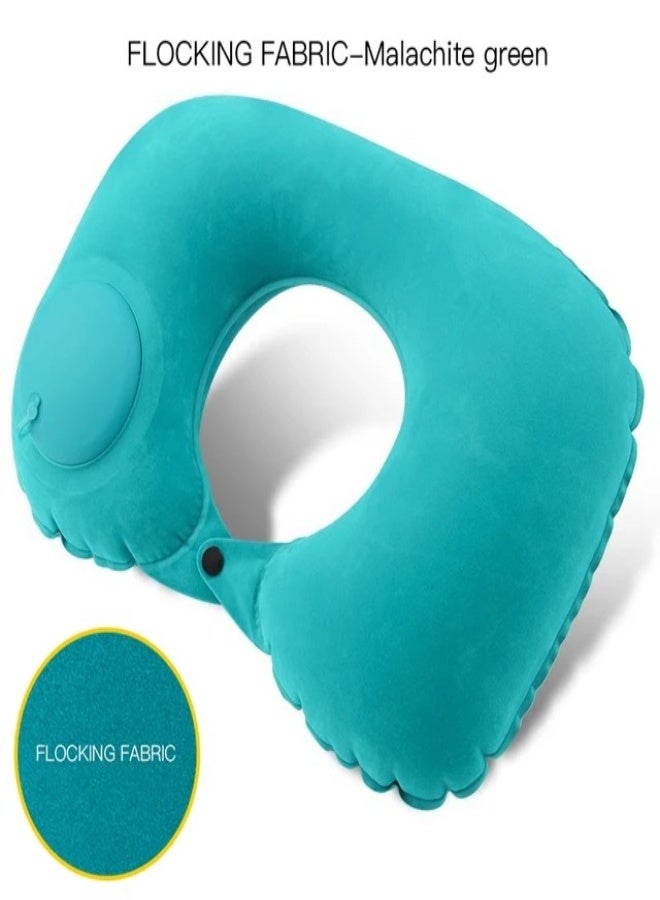 AROAQ U-Shape Inflatable Travel Neck Pillow with Built-in Pump – Soft Flocking, Fast Press Inflation, Foldable for Airplane, Car, Office, or Outdoor Nap – Green, 40x28x11cm - Image 1