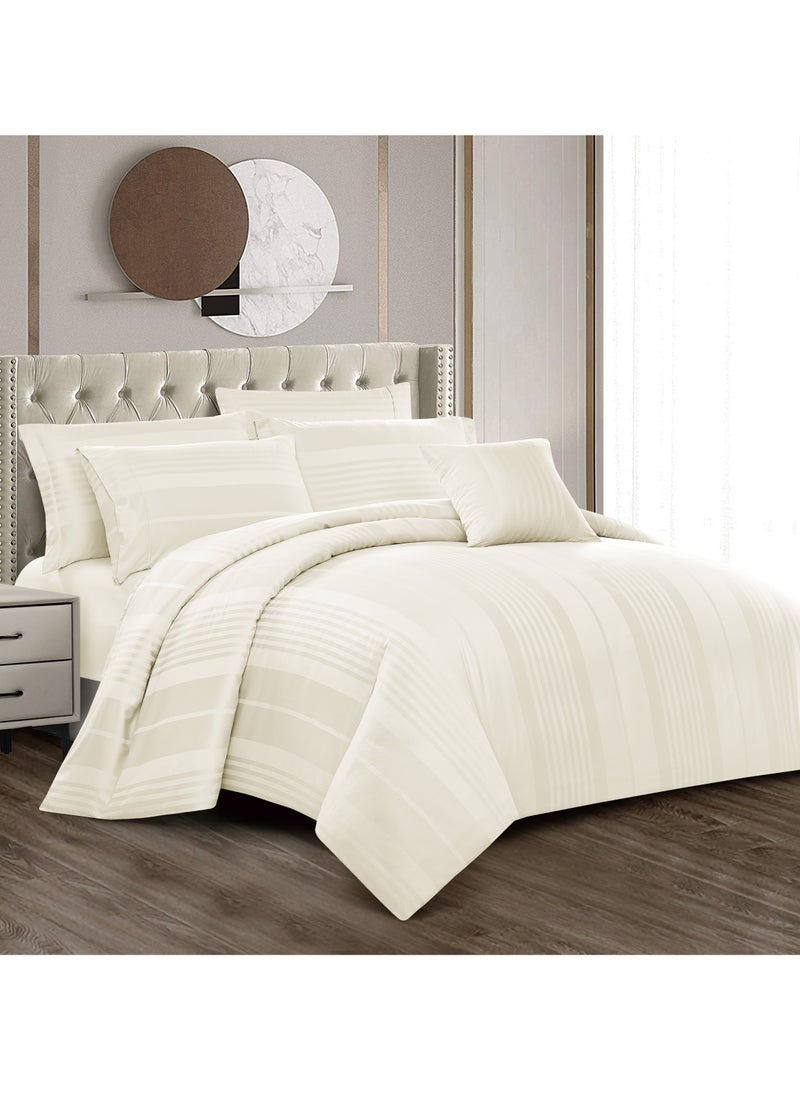 Donetella - Comforter Set 8-Pieces Double Size Bed Fits(200 x 200 Cm)Hotel Style All Season Cotton Blend Stripe Pattern Bedding Set With Removable Cover And Down Alternative Filling, Ivory - Image 1