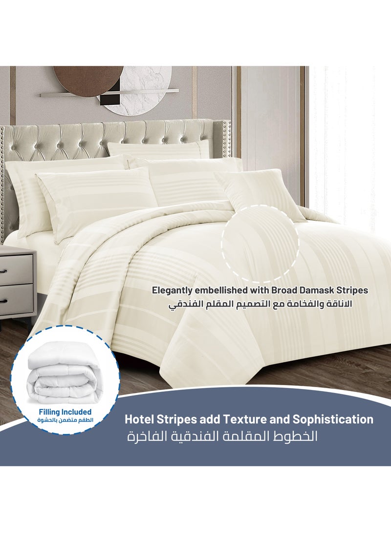 Donetella - Comforter Set 8-Pieces Double Size Bed Fits(200 x 200 Cm)Hotel Style All Season Cotton Blend Stripe Pattern Bedding Set With Removable Cover And Down Alternative Filling, Ivory - Image 1