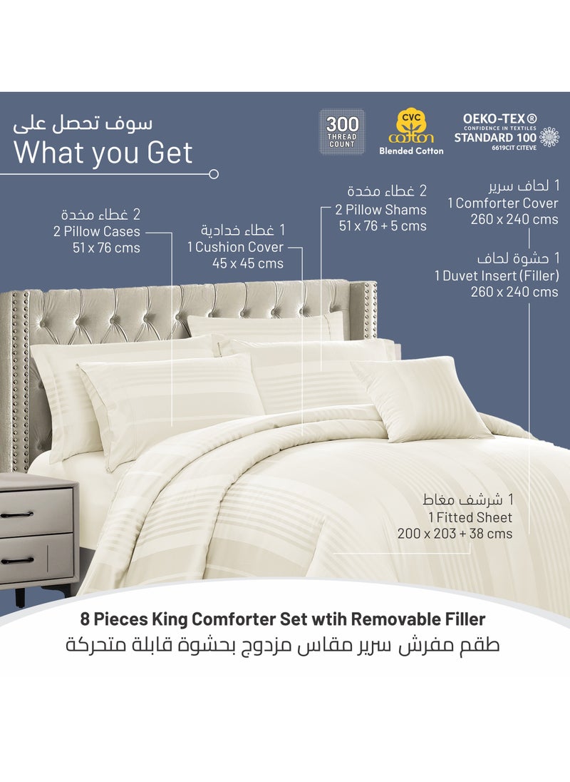 Donetella - Comforter Set 8-Pieces Double Size Bed Fits(200 x 200 Cm)Hotel Style All Season Cotton Blend Stripe Pattern Bedding Set With Removable Cover And Down Alternative Filling, Ivory - Image 1