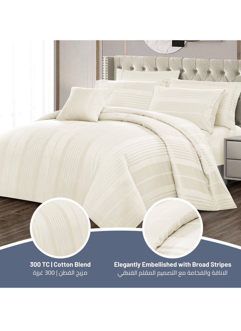 Donetella - Comforter Set 8-Pieces Double Size Bed Fits(200 x 200 Cm)Hotel Style All Season Cotton Blend Stripe Pattern Bedding Set With Removable Cover And Down Alternative Filling, Ivory - Image 1