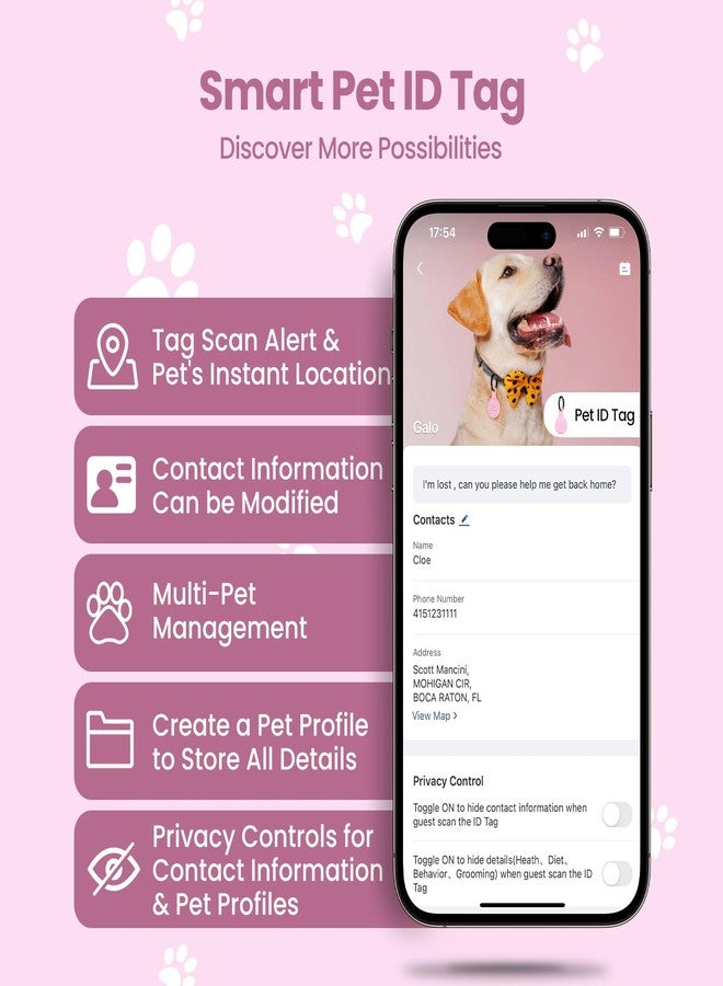 بطاقة تعريف الكلاب الصامتة المصنوعة من السيليكون من PawView مزودة بتقنية NFC، امسح رمز الاستجابة السريعة للحصول على تنبيهات فورية بالموقع، جهة اتصال للطوارئ وملف تعريف قابل للتعديل للحيوان الأليف، عبوة واحدة (وردي) - Image 4