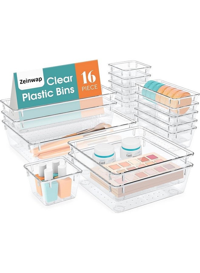 Zeinwap Desk Drawer Organizers Trays Set Clear Plastic Storage Bins Bathroom Drawer Tray Dividers Vanity Trays Organizer for Bedroom Dresser Makeup Kitchen Utensil Office (16 Piece) - Image 1
