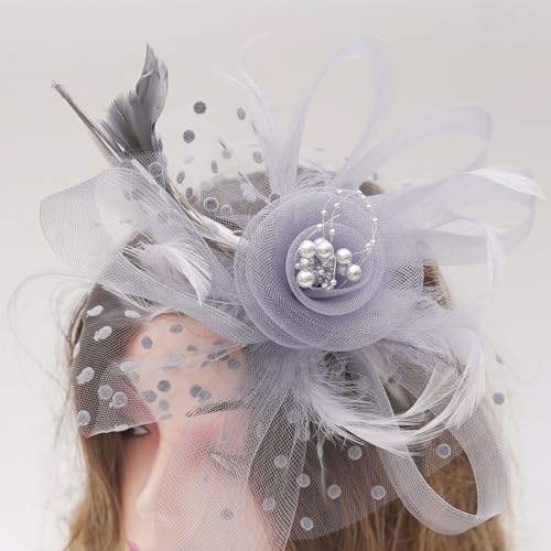 KICOFIT Fascinators Hats 20s 50s Hat Pillbox Hat Cocktail Tea Party Headwear with Veil for Girls and Women (US, Alpha, One Size, A-Grey) - Image 3