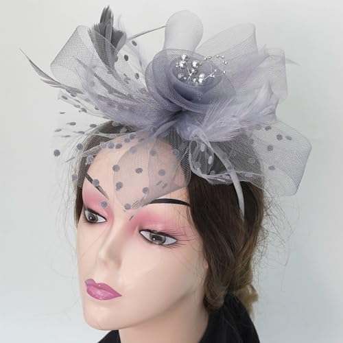 KICOFIT Fascinators Hats 20s 50s Hat Pillbox Hat Cocktail Tea Party Headwear with Veil for Girls and Women (US, Alpha, One Size, A-Grey) - Image 5