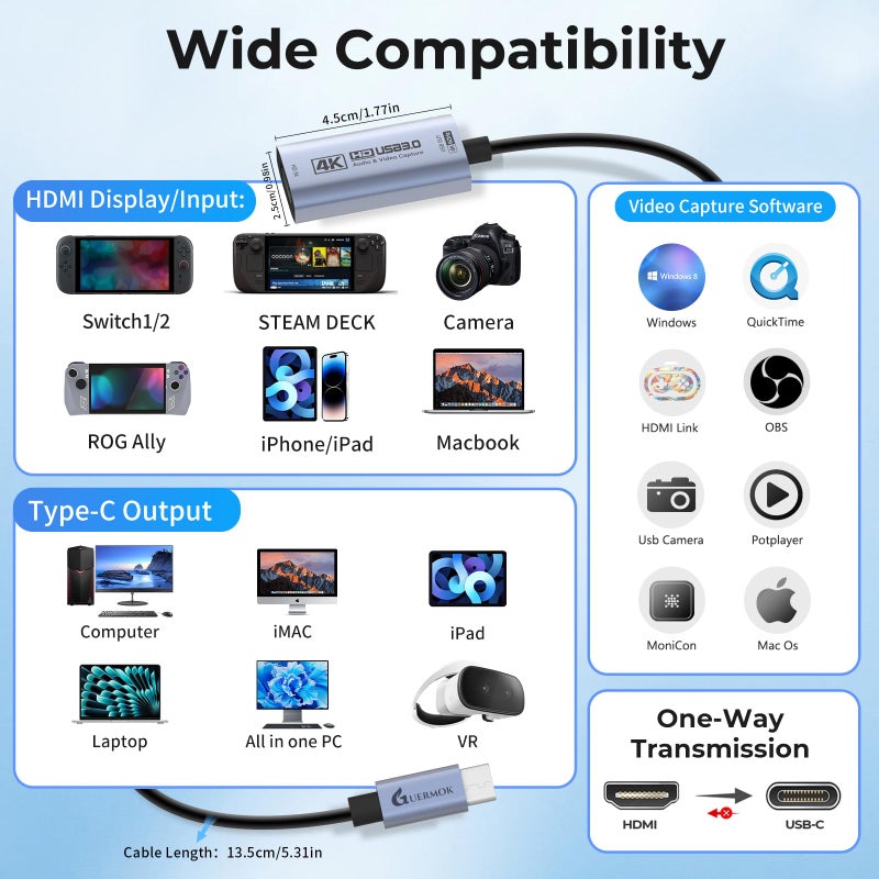 Guermok HDMI Capture Card 4K@60FPS, 1080P@240FPS USB 3.0 HDMI to USB A/C Video Capture Card for Streaming, Works with iPad, Switch 2/1, PS5/4, Xbox, Quest 3, Mac OS, Windows, Zoom, OBS, Camera - Image 3