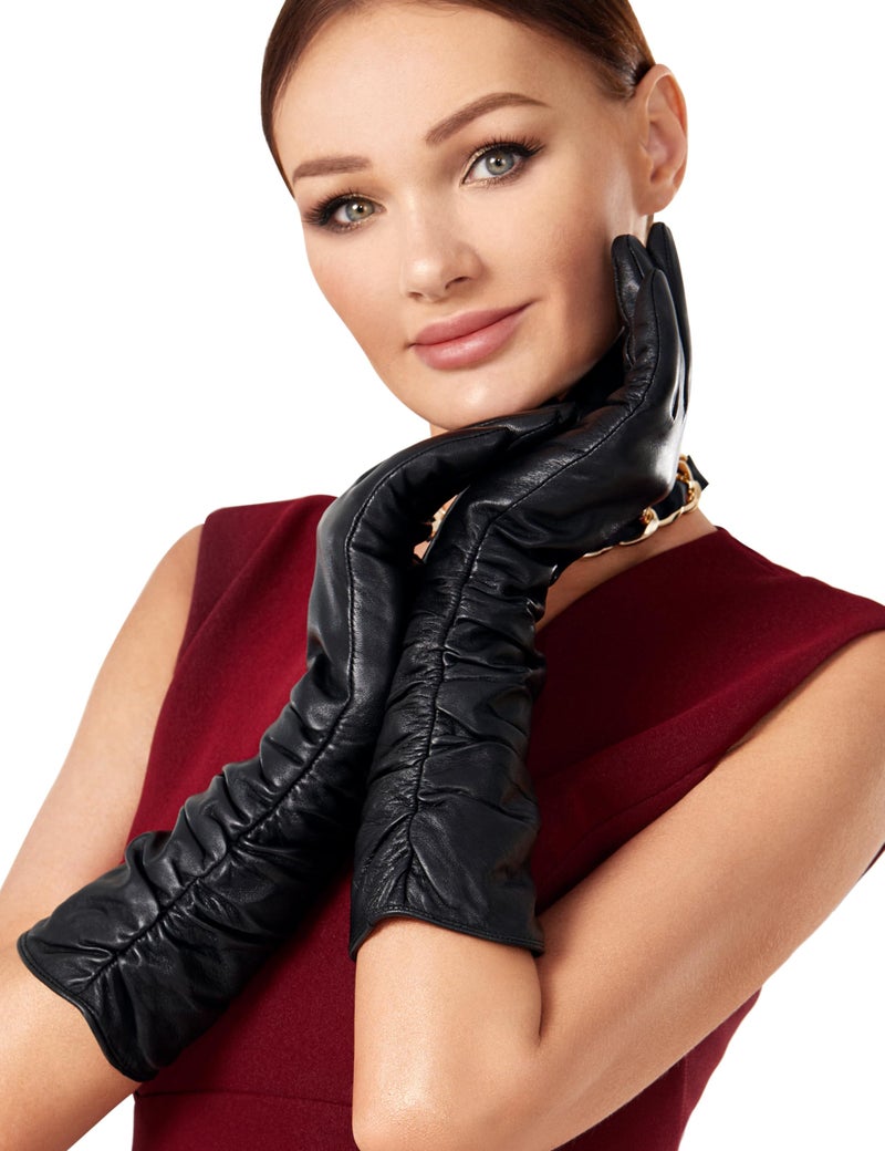 VIKIDEER Luxury Long Leather Gloves Women Plush Lined Touchscreen Warm Soft for Evening Opera or Daily 15.7'' Black Medium - Image 1