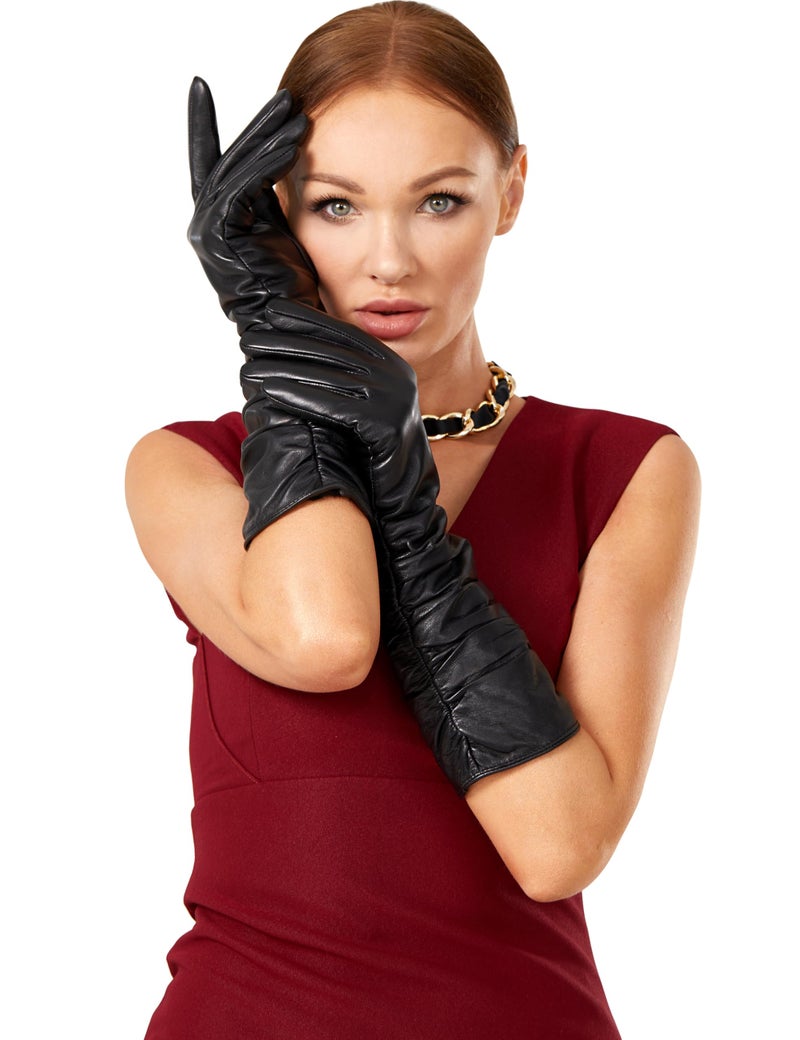 VIKIDEER Luxury Long Leather Gloves Women Plush Lined Touchscreen Warm Soft for Evening Opera or Daily 15.7'' Black Medium - Image 2