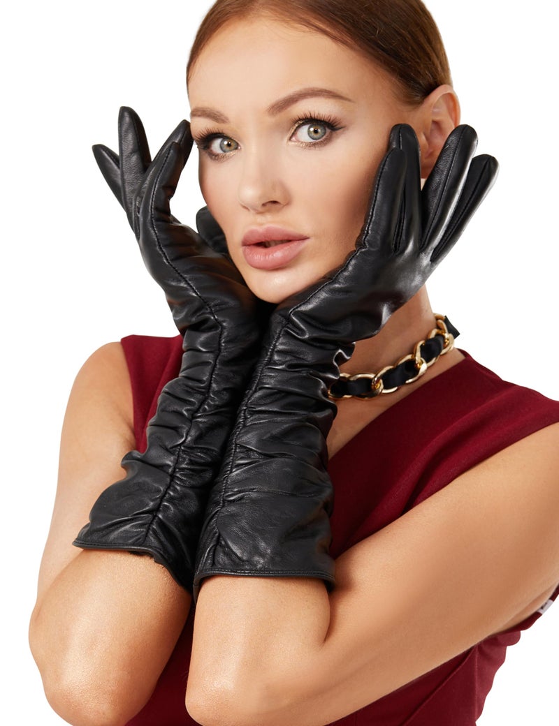 VIKIDEER Luxury Long Leather Gloves Women Plush Lined Touchscreen Warm Soft for Evening Opera or Daily 15.7'' Black Medium - Image 4