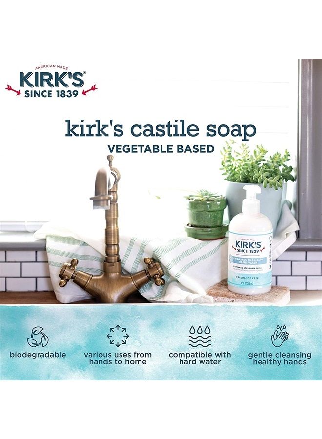 Kirk's Odor-Neutralizing Unscented Clean Hand Soap Castile Liquid Soap Pump Bottle | Moisturizing & Hydrating Kitchen Hand Wash | 12 Fl Oz. Bottle | 4-Pack 