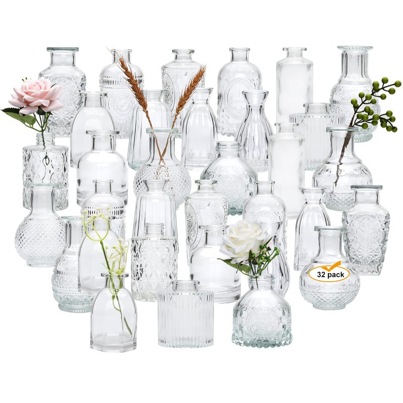 Glass Bud Vases Set of 32Small Flower Vases for Wedding Centerpiece Table DecorationsClear Vintage Embossed Mini vasesFlower Arrangements in Vases for Party or Home Decor