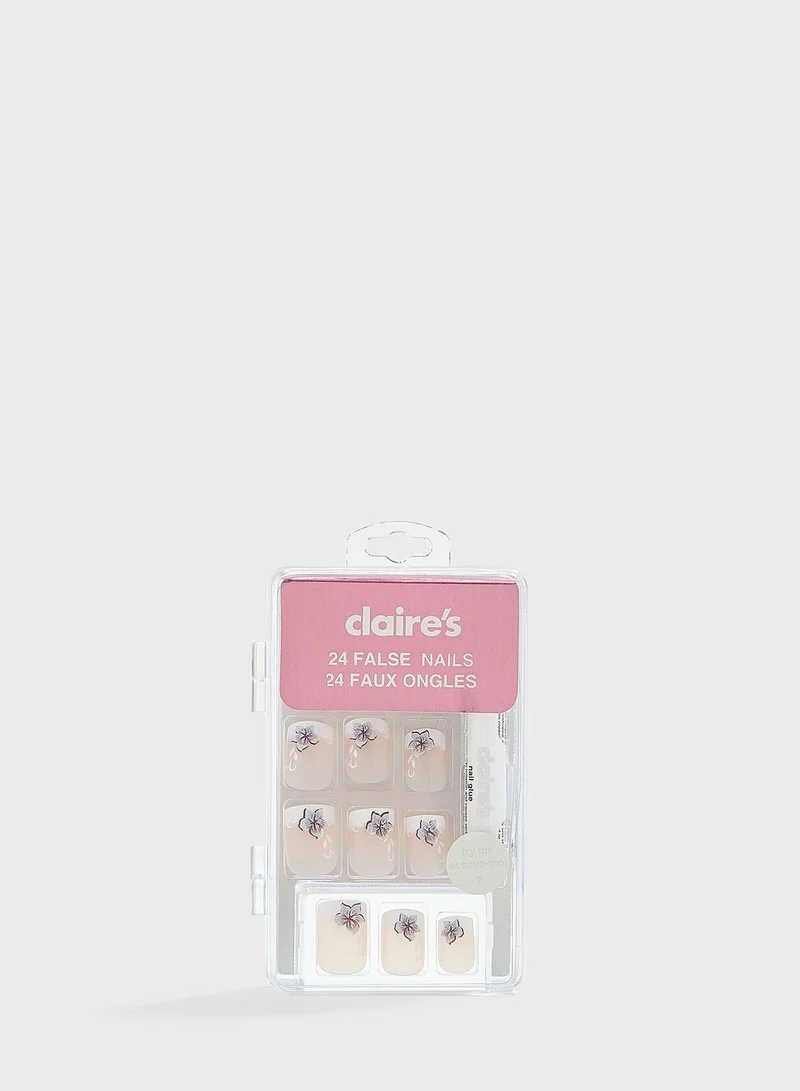Claires French Manicure with Floral Detail Square Faux Nail Set - 24 Pack