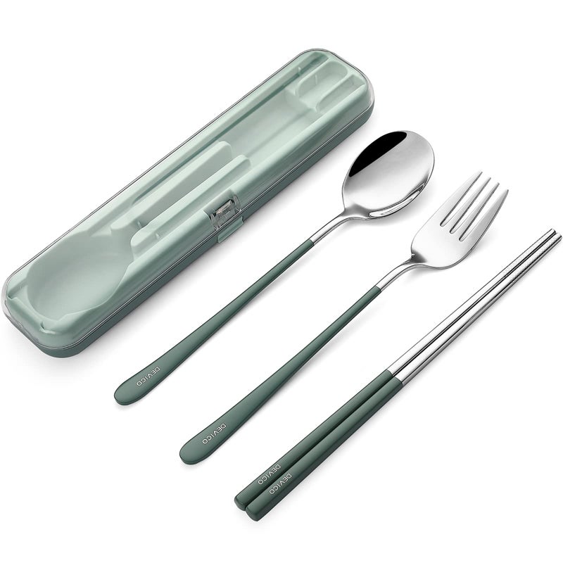 DEVICO Portable Utensils Travel Reusable Silverware Flatware Set for Lunch 188 Stainless Steel 4Piece Camping Cutlery Include Fork Spoon Chopsticks with Case Green