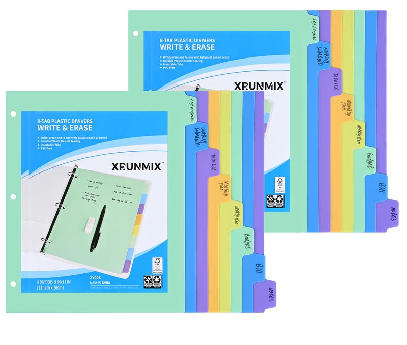XRUNMIX 8-Tab Binder-Dividers with Tabs, Write & Erase Divider Tabs for 3 Ring Binders with 3 Holes 8 Pastel Colors, 16pcs, (8 Tabs-2 Pack) - Image 1