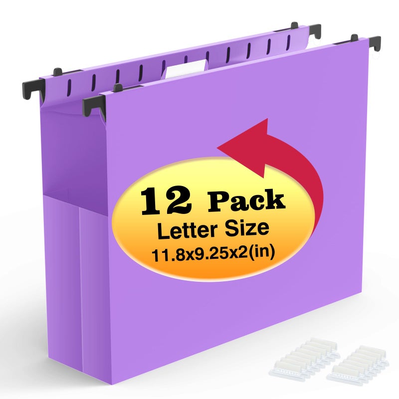 Shutex Extra Capacity Plastic Hanging File Folders,12 Pack Reinforced Expanding Hang Folder Letter Size,Accordian Pocket,Heavy Duty 2 Inch Expansion,Hanging Folder Organizer for Office Home,Purple - Image 1